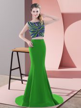  Two Pieces Sleeveless Green Prom Dresses Sweep Train Backless