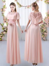 Stunning Pink Empire Appliques Quinceanera Dama Dress Zipper Chiffon Short Sleeves Floor Length
