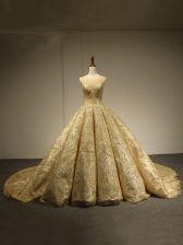 Cheap Gold Quince Ball Gowns Brush Train Sleeveless Sequins