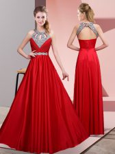  Sleeveless Floor Length Beading Lace Up Evening Dress with Red