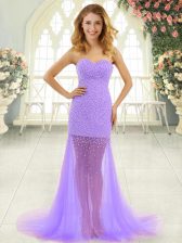 Superior Lavender Mermaid Sweetheart Sleeveless Tulle Brush Train Zipper Beading Prom Party Dress