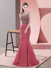 Gorgeous Satin Scoop Sleeveless Sweep Train Backless Beading Prom Party Dress in Red