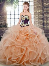 Graceful Sweetheart Sleeveless Sweet 16 Quinceanera Dress Sweep Train Embroidery and Ruffles Peach Tulle