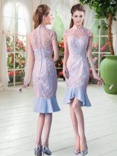 High Quality High-neck Short Sleeves Satin Prom Evening Gown Lace Zipper