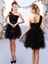 Classical Tulle One Shoulder Sleeveless Side Zipper Lace Quinceanera Court of Honor Dress in Black