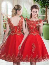 Custom Made Sleeveless Tulle Knee Length Lace Up in Red with Beading and Appliques