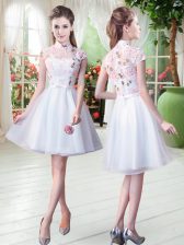  Short Sleeves Tulle Knee Length Zipper Dress for Prom in White with Appliques
