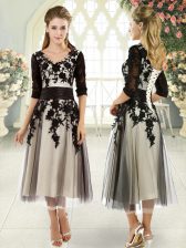 On Sale Tea Length Black Prom Evening Gown V-neck Half Sleeves Lace Up