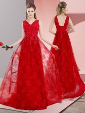 Modest Red Prom Gown Lace Sweep Train Sleeveless Beading