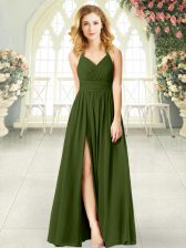  Olive Green Halter Top Zipper Ruching Prom Party Dress Sleeveless