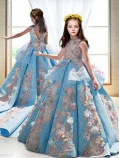 Custom Fit Blue Ball Gowns Satin High-neck Sleeveless Appliques Backless Girls Pageant Dresses Court Train