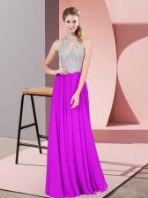  Floor Length Purple Prom Dress Chiffon Sleeveless Beading