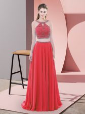 Beauteous Chiffon Sleeveless Evening Dress Sweep Train and Beading