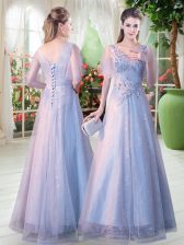 Comfortable Grey Tulle Lace Up V-neck Short Sleeves Floor Length Prom Dress Appliques