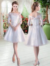 White Off The Shoulder Neckline Lace and Appliques Prom Dresses Half Sleeves Lace Up