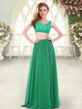 Flirting Green Chiffon Zipper Straps Sleeveless Floor Length Prom Gown Beading and Lace