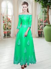 Glorious Turquoise Lace Up Off The Shoulder Lace Prom Dresses Tulle 3 4 Length Sleeve