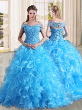 Exceptional Lace Up Sweet 16 Dress Baby Blue for Military Ball and Sweet 16 and Quinceanera with Beading and Lace and Ruffles Sweep Train