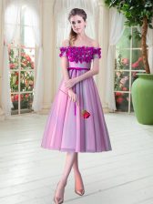 Extravagant Rose Pink A-line Off The Shoulder Sleeveless Tulle Tea Length Lace Up Appliques 
