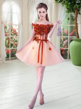 Custom Designed Beading and Appliques Prom Gown Peach Lace Up Sleeveless Mini Length