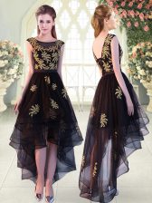  Black Scoop Lace Up Appliques Prom Dress Cap Sleeves