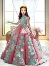  Watermelon Red Sleeveless Satin Court Train Backless Pageant Dress Wholesale for Wedding Party