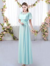  Scoop Short Sleeves Quinceanera Court of Honor Dress Floor Length Appliques Aqua Blue Chiffon