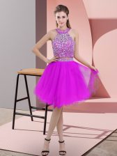 Charming Purple Sleeveless Knee Length Beading Backless Homecoming Dress
