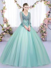 Stylish Apple Green Long Sleeves Tulle Lace Up Quinceanera Gowns for Military Ball and Sweet 16 and Quinceanera