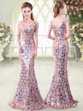 Unique Pink Sleeveless Floor Length Beading Zipper Prom Gown