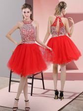 Designer Halter Top Sleeveless Knee Length Beading Red Organza