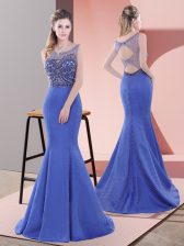  Blue Sleeveless Sweep Train Beading and Lace 