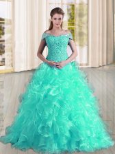 Free and Easy Sweep Train A-line Quinceanera Dress Turquoise Off The Shoulder Organza Sleeveless Lace Up