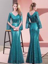 Popular Floor Length Mermaid Long Sleeves Teal Prom Evening Gown Zipper