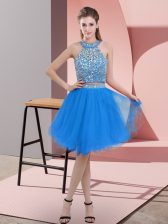  Two Pieces Blue Halter Top Organza Sleeveless Knee Length Backless