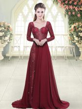 Cheap Long Sleeves Chiffon Brush Train Zipper Dress for Prom in Burgundy with Beading and Appliques
