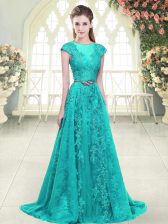  Sweep Train A-line Prom Dress Aqua Blue and Green Scoop Tulle Cap Sleeves Zipper