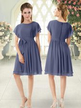 Elegant Blue Short Sleeves Belt Knee Length Prom Dresses