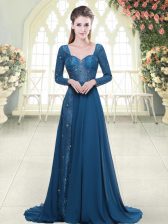 Pretty Backless Dress for Prom Blue for Prom and Party with Beading and Lace Sweep Train