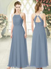  Grey Chiffon Zipper Spaghetti Straps Sleeveless Floor Length Prom Evening Gown Ruching