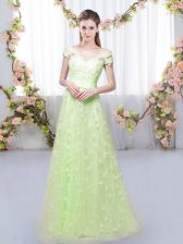 Shining Yellow Green Lace Up Court Dresses for Sweet 16 Appliques Cap Sleeves Floor Length
