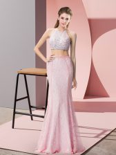 Fine Floor Length Two Pieces Sleeveless Pink Prom Dresses Backless