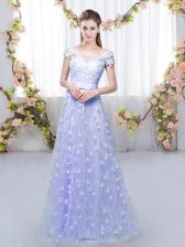 Cheap Lavender Tulle Lace Up Damas Dress Cap Sleeves Floor Length Appliques
