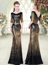  Gold V-neck Neckline Belt Dress for Prom Half Sleeves Zipper