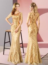  Gold Half Sleeves Sequins Floor Length 