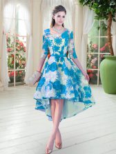  Blue And White Lace Lace Up Scoop Half Sleeves High Low Dress for Prom Belt