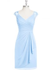 Top Selling Light Blue Column/Sheath V-neck Cap Sleeves Chiffon Knee Length Zipper Appliques and Ruching Prom Party Dress