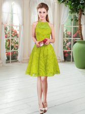 Fabulous Light Yellow Zipper Scoop Sleeveless Knee Length Prom Evening Gown Lace