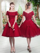 Fantastic Wine Red Short Sleeves Knee Length Appliques Lace Up Prom Gown