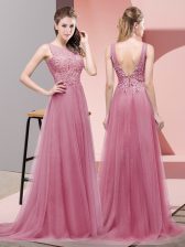 Cheap Scoop Sleeveless Sweep Train Lace Up Prom Evening Gown Pink Tulle